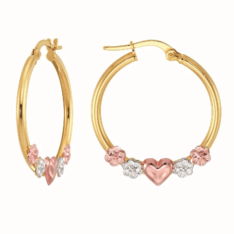 Statement Earrings for Weddings-10KT Tri-Color Gold Heart Flower Hoop Earrings