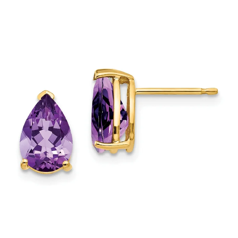 Handmade Gold Earrings-9X6MM Pear Amethyst Stud Earrings in 14KT Yellow Gold