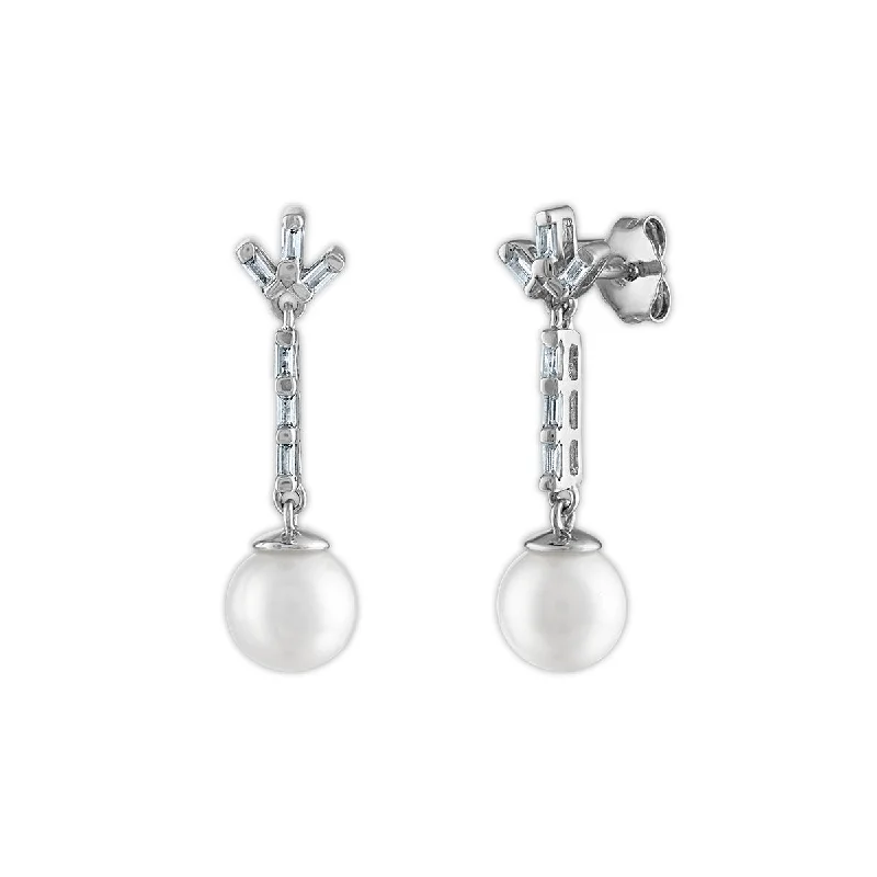 Elegant Pearl Stud Earrings-7MM Round Pearl and White Sapphire Fashion Drop & Dangle Earrings in Rhodium Plated Sterling Silver