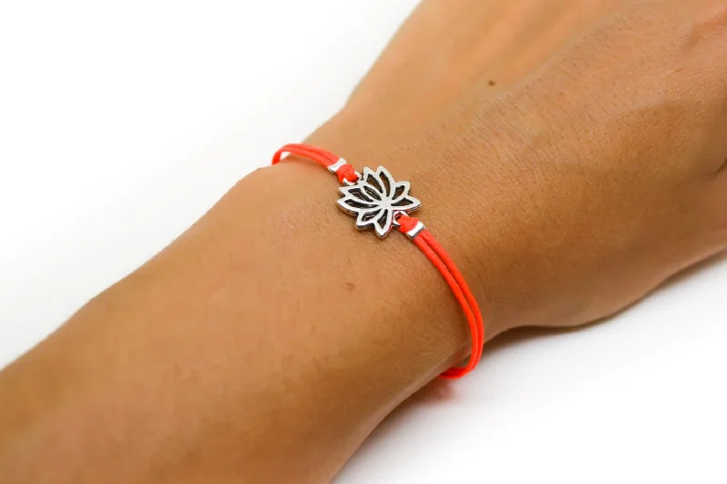 Custom Silver Bangle Bracelet-Silver tone Lotus charm bracelet with bright peach cord, custom color, gift for her