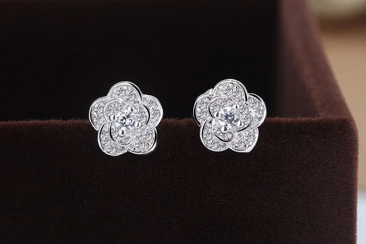 Statement Earrings for Evening-1 Pair Lady Flower Plating Inlay Copper Zircon White Gold Plated Ear Studs