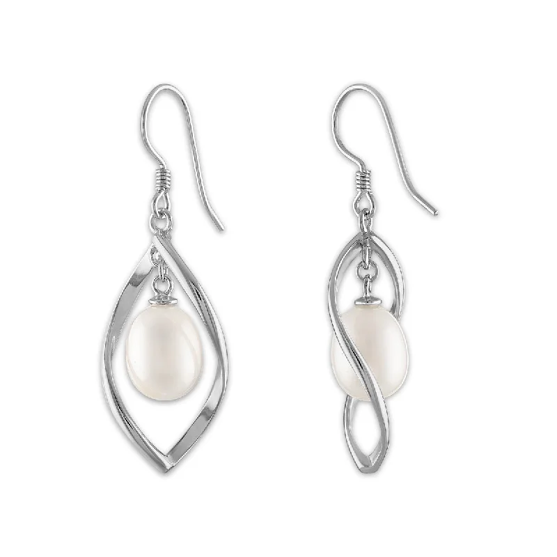 Trendy Dangle Earrings-Round Pearl Fashion Drop & Dangle 7.5-8MM Fresh Water Earrings in Rhodium Plated Sterling Silver