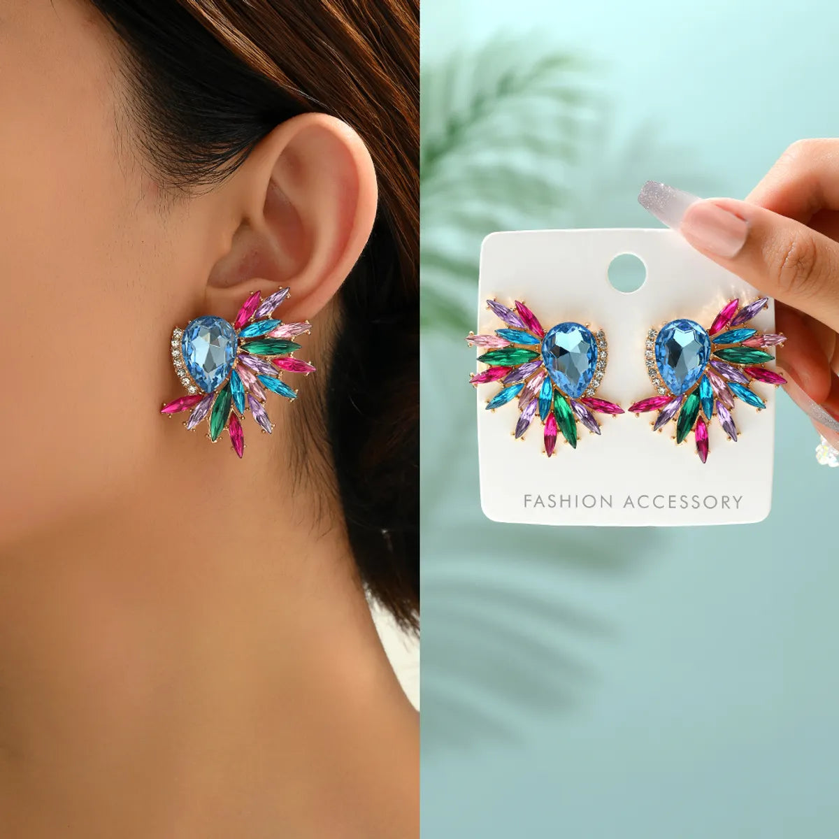 Fashion Earrings for Women-1 Pair Exaggerated Shiny Water Droplets Plating Inlay Zinc Alloy Glass Ear Studs