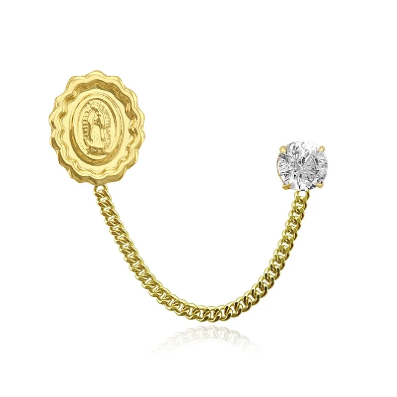 Classic Gold Stud Earrings-14KT Yellow Gold and Cubic Zirconia Double Post Chain Single Earring