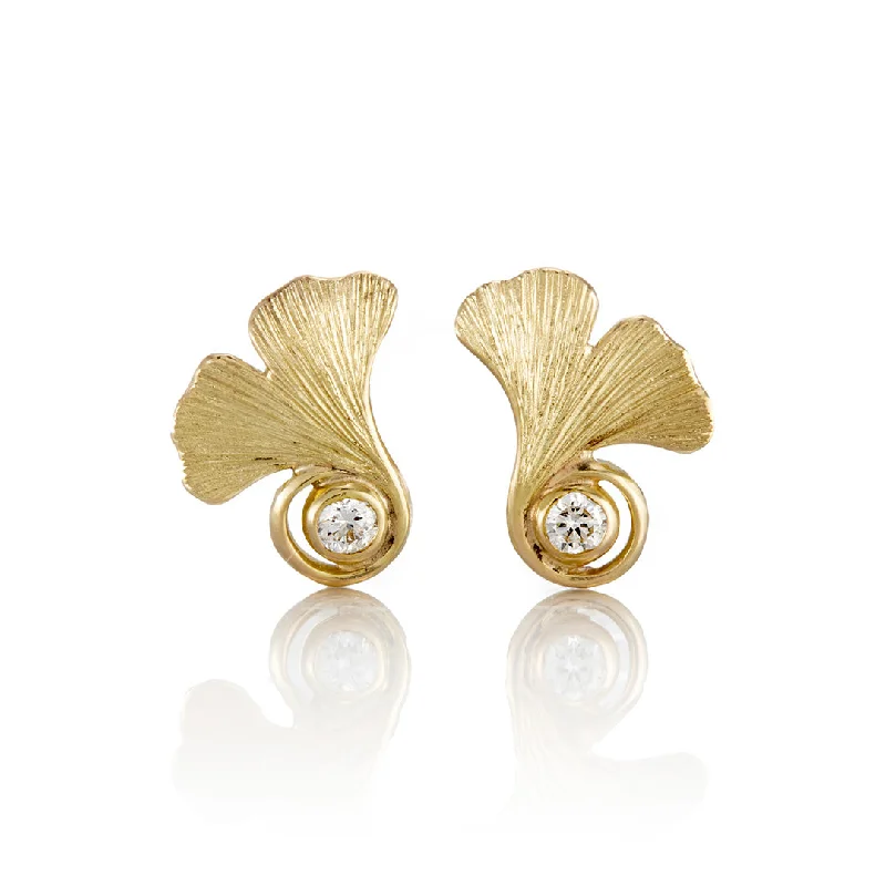 Classic Round Earrings-Ginkgo Leaf & Diamond Stud Earrings