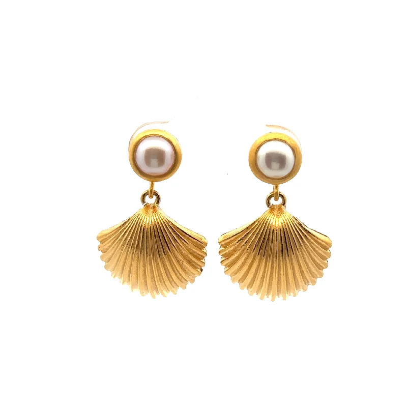 Silver Earrings with Diamonds-Aloha Shell Pearl Post Drop Earrings 24K Gold Vermeil