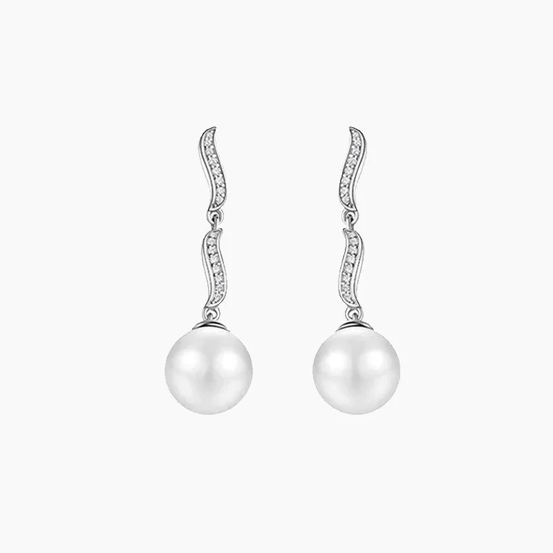 Designer Diamond Earrings-Sterling Silver Ripple Dangle Pearl Earrings