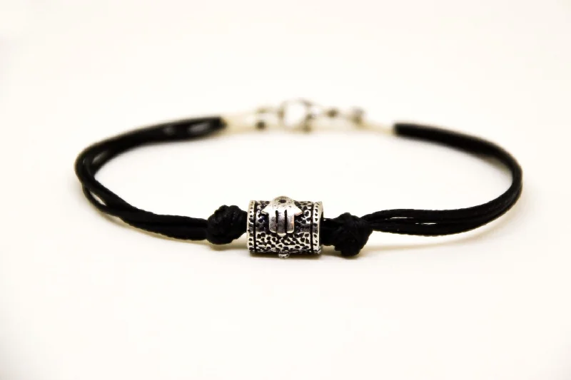 Luxury Silver Charm Bracelet-Silver Hamsa tube bead bracelet for men, black cord