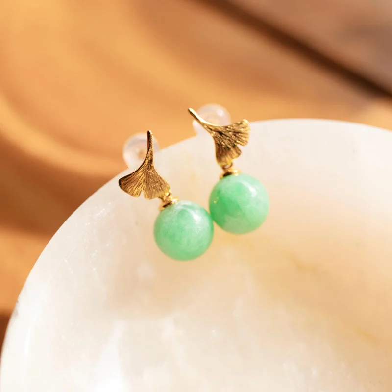 Classic Stud Earrings-Ginkgo Leaf Jade Studs