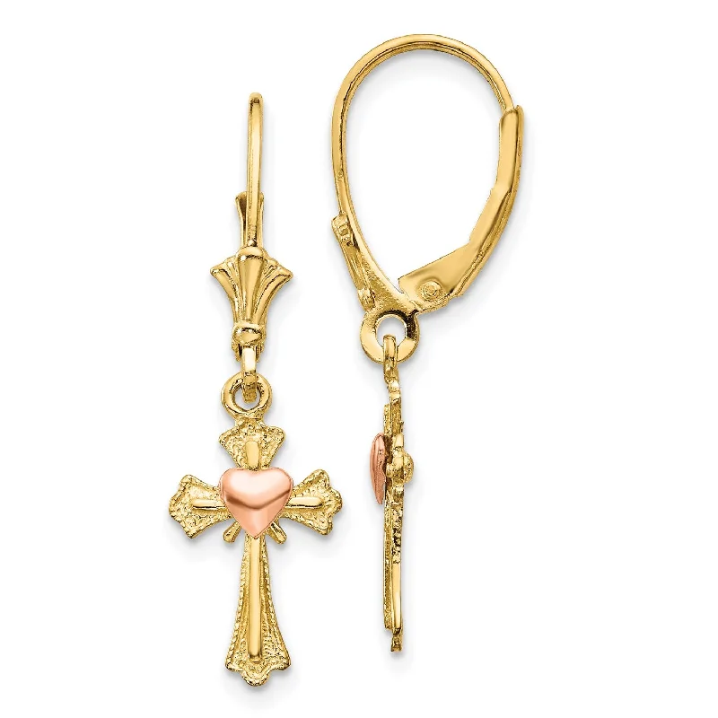 Elegant Bridal Earrings-14KT White and Yellow Gold 32X9MM Heart Cross Leverback Earrings