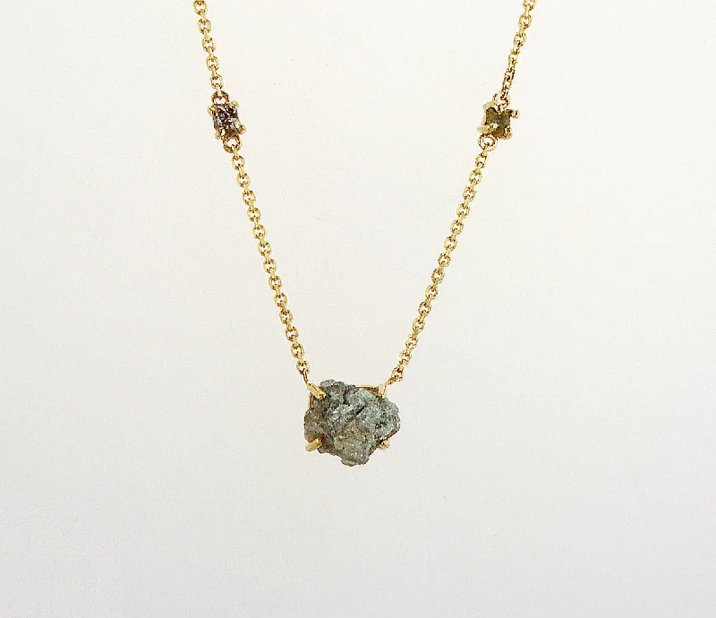 Beautiful Sapphire Necklace-Natural Rough Diamond 1.90 carat with 0.15 small diamonds. Yellow gold necklace