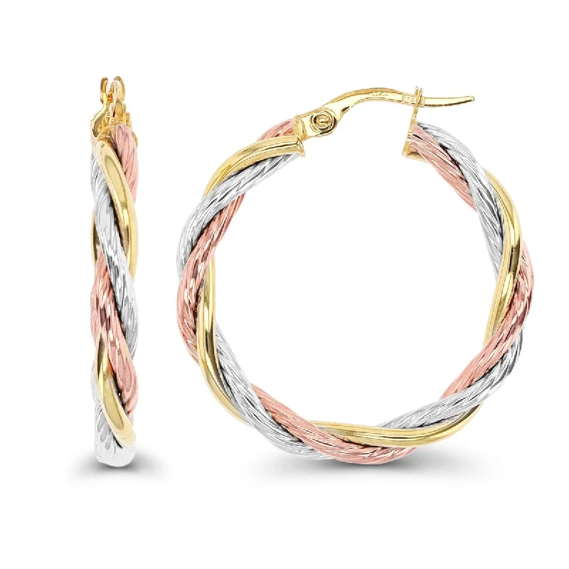 Pearl and Gold Earrings-10KT Gold Tri-Color 30X3MM Hoop Earrings