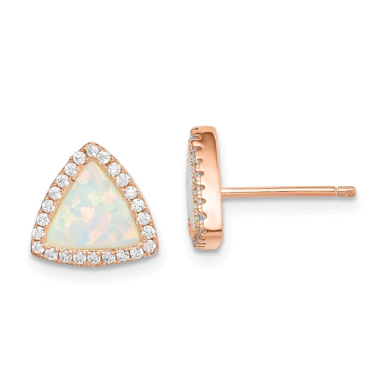 Artistic Earrings for Women-Rosetone Sterling Silver Trillion Opal and Cubic Zirconia 10MM Halo Stud Earrings