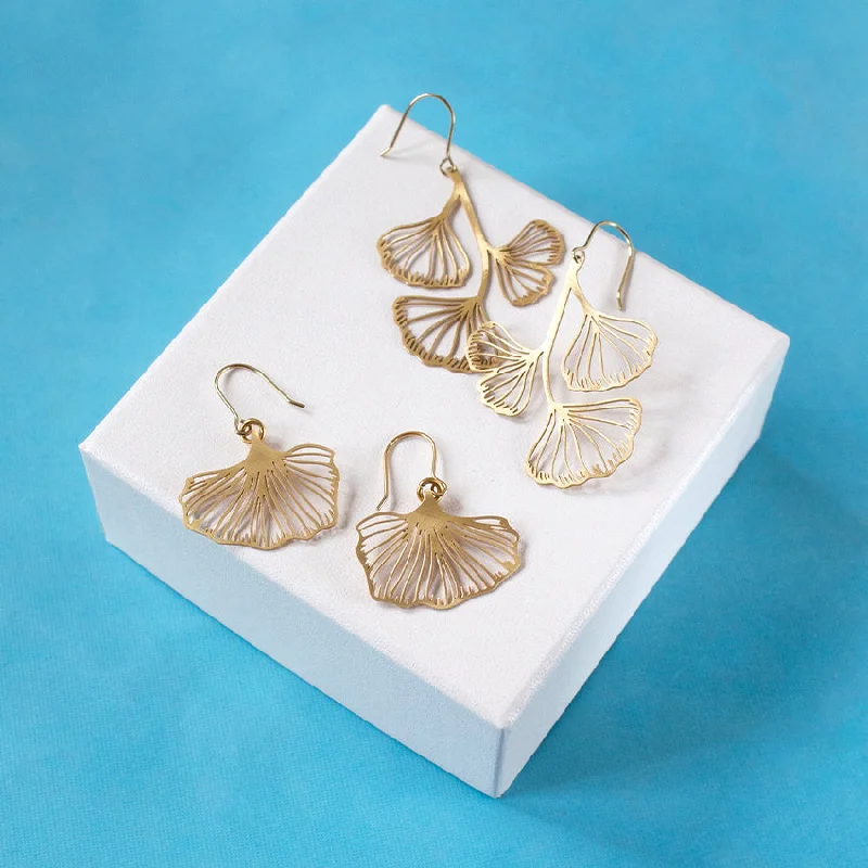 Handmade Gold Earrings-RAS Gingko Biloba 3 Leaf Earrings