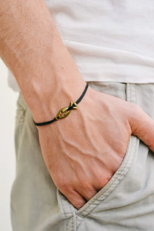 Vintage Gold Bracelet-Cross fish bracelet for men, black cord, bronze charm, custom handmade jewelry