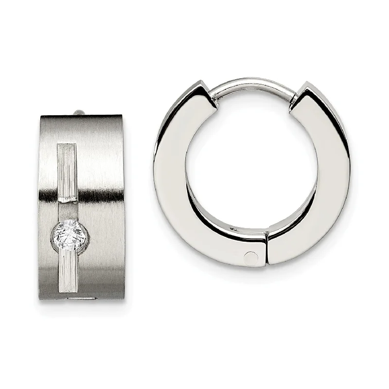 Lightweight Hoop Earrings-Stainless Steel CZ Brushed & Polished Round Hinged Hoop Earrings