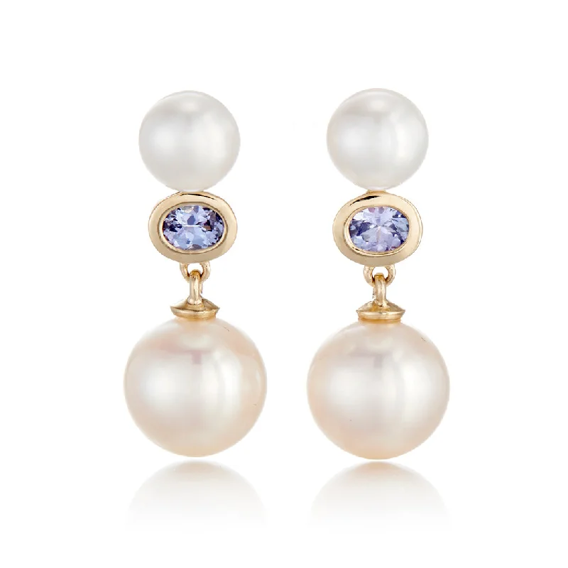 Cute Stud Earrings for Weddings-Odéon Drop Earrings in Pearls & Tanzanite