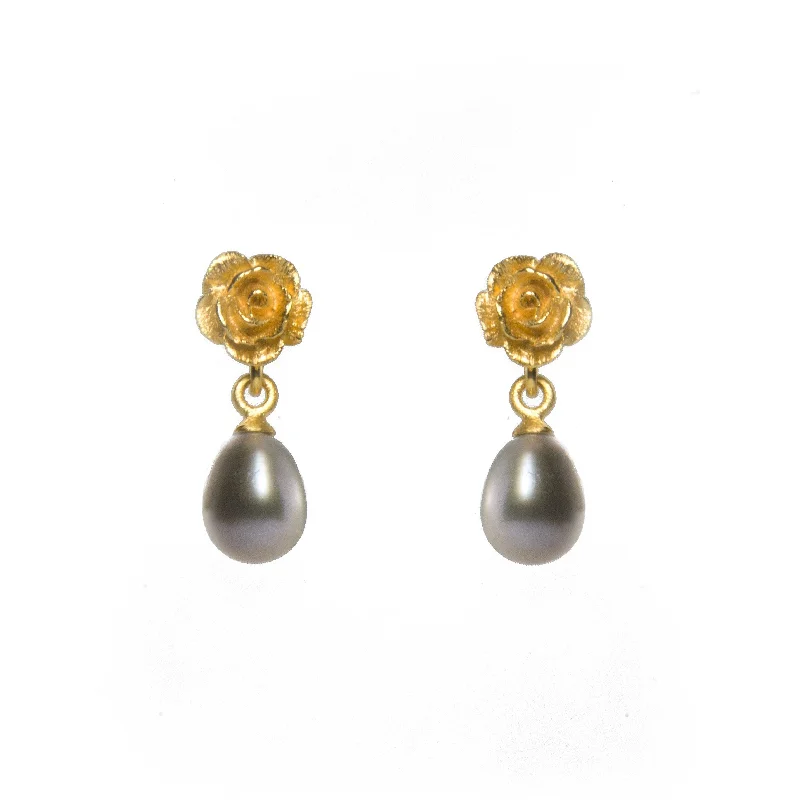 Bridal Earrings with Diamonds-ROSE AND GREY PEARL EARRINGS 24K GOLD VERMEIL