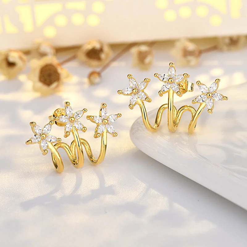 Three Flower Stud Earrings (14K Yellow Gold)