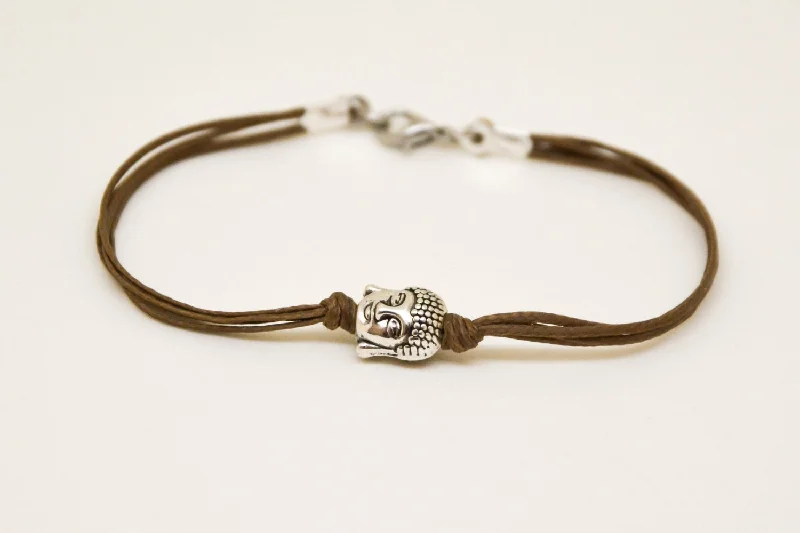 Simple Leather Bracelet for Women-Men's bracelet with silver buddha charm, brown cord, yoga jewelry