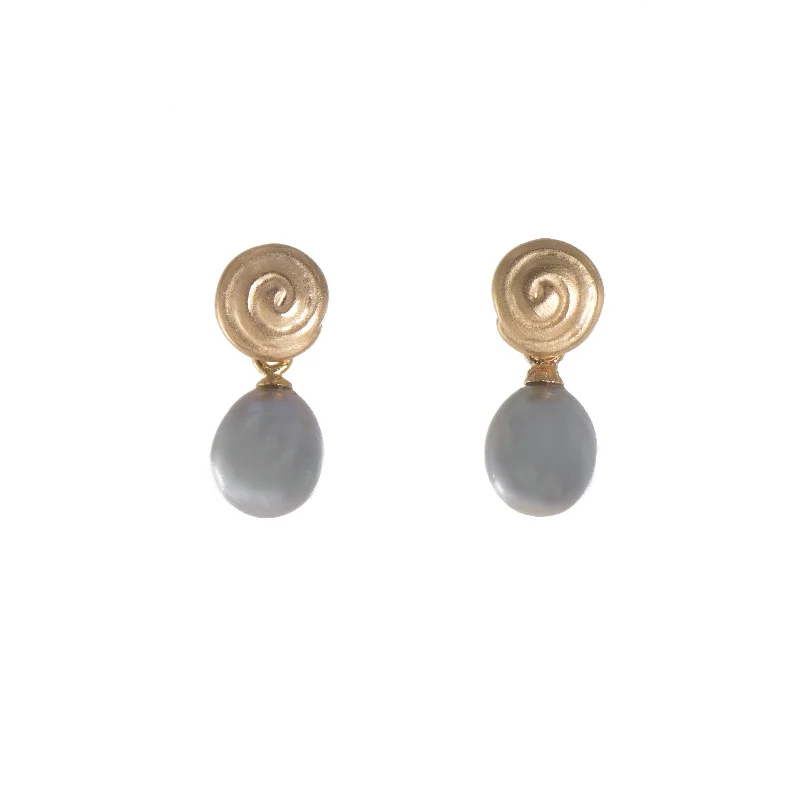 Luxurious Pearl Earrings-Gratitude Swirl Earrings in 24K Fair Trade Gold Vermeil with Pearl and Smoky Quartz