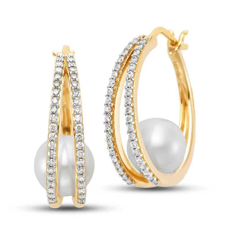 Ethnic Earrings for Women-Pearl & Pavé Diamond Hoop Earrings