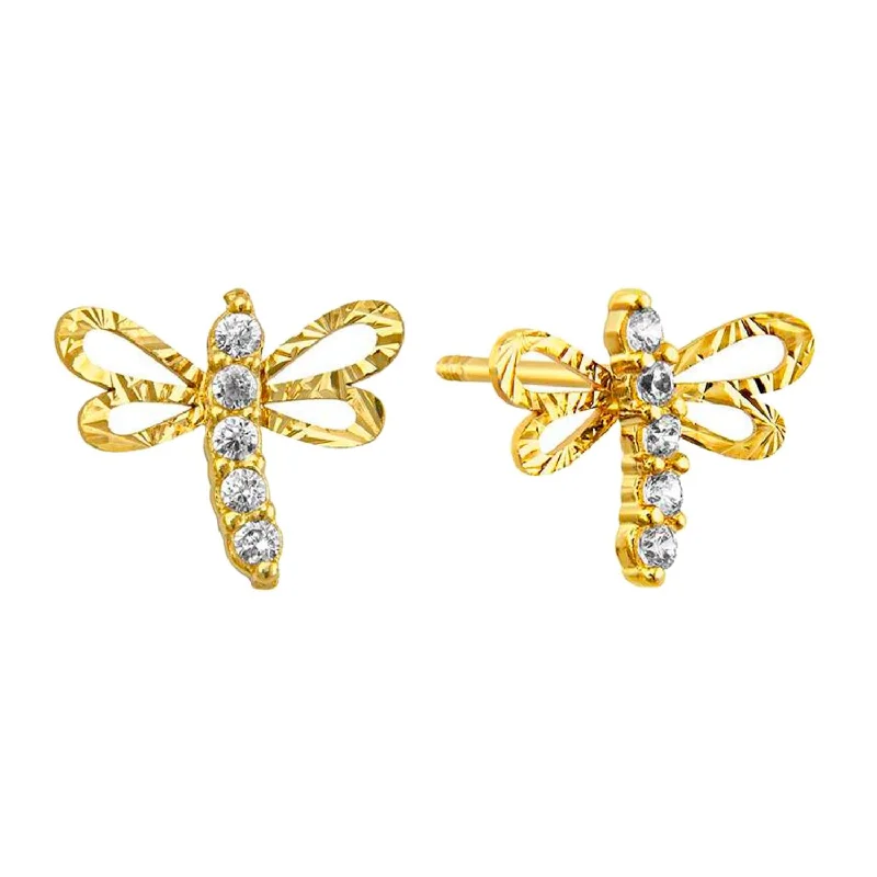 Casual Earrings for Women-14KT Yellow Gold and Cubic Zirconia Dragonfly Earrings