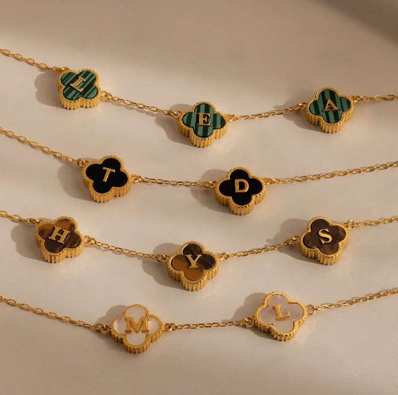 Fine Gold Necklace-Gemstone Clover Letter Necklace