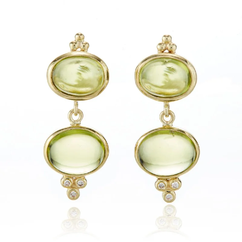 Designer Diamond Earrings-Double Peridot Cabochon & Diamond Drop Earrings