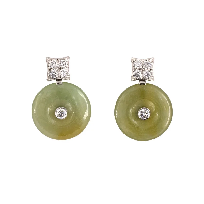 Artistic Earrings for Women-Diamond & Green Jadeite Pi Disc Drop Earrings