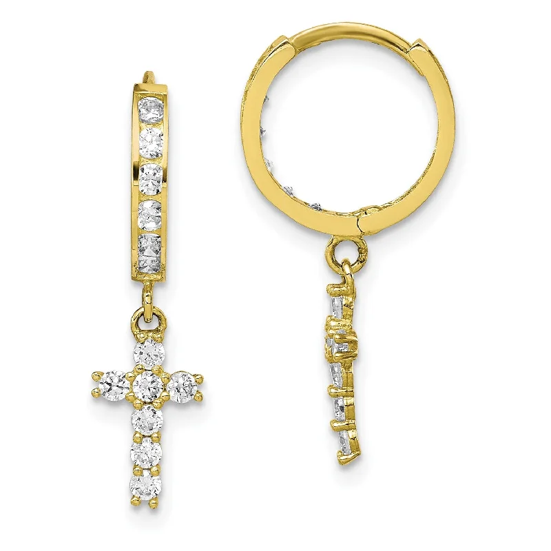 Bridal Earrings with Crystals-10KT Yellow Gold Cubic Zirconia Hinged Hoop Cross Earrings