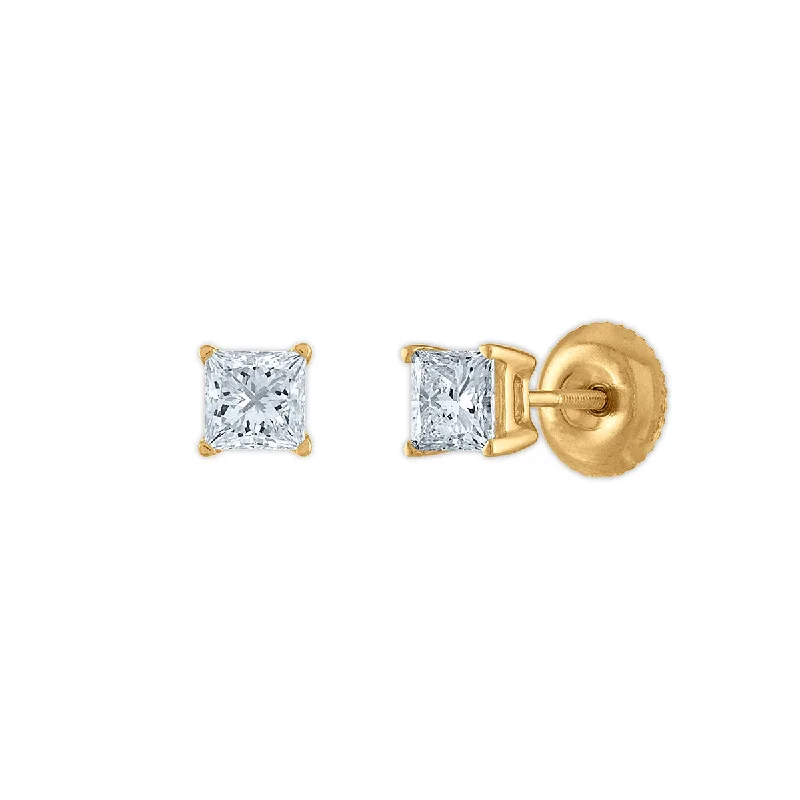 Gold Earrings with Crystals-Signature Certificate EcoLove 3/4 CTW Princess Cut Lab Grown Diamond Solitaire Stud Earrings in 14KT Yellow Gold