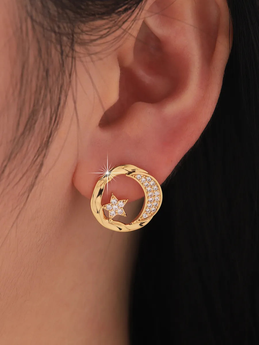 Modern Earrings for Teens-1 Pair Ig Style Shiny Star Moon Plating Inlay Brass Zircon 18k Gold Plated Ear Studs