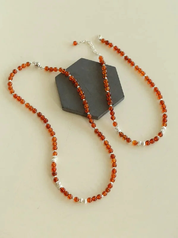 Customizable Wedding Necklace-Orange Red Garnet Cat's Eye Silver Beaded Necklace