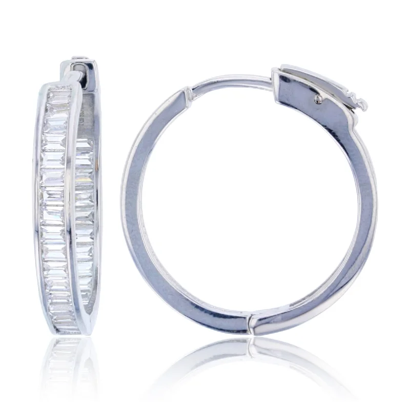 Gold Plated Earrings-Sterling Silver Baguette Cubic Zirconia 3X25MM Safety Clasp In & Out Hoop Earrings