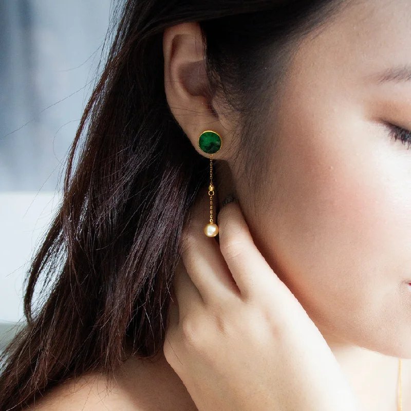 Elegant Gemstone Drop Earrings-Jade and Akoya Pearl 18K Gold Earrings