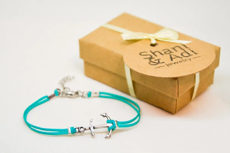 Fashionable Leather Bracelet-Turquoise cord bracelet with a silver plated anchor charm, nautical gift for her