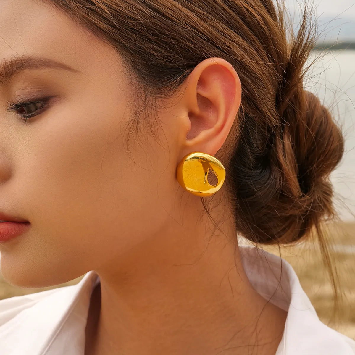 Geometric Earrings for Women-1 Pair Ig Style Solid Color Plating Hollow Out Stainless Steel 18k Gold Plated Ear Studs