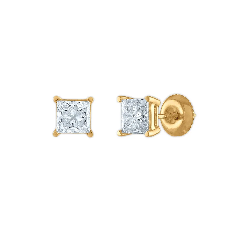 Casual Earrings for Women-Signature Certificate EcoLove 1 1/2 CTW Princess Cut Lab Grown Diamond Solitaire Stud Earrings in 14KT Yellow Gold