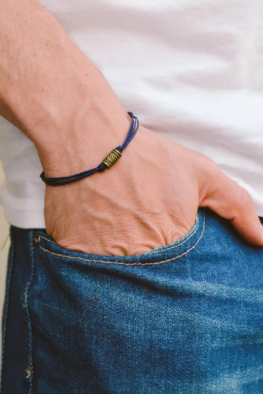 Simple Adjustable Beaded Bracelet-Men's bracelet with bronze tube bead charm, blue cord, gift for him