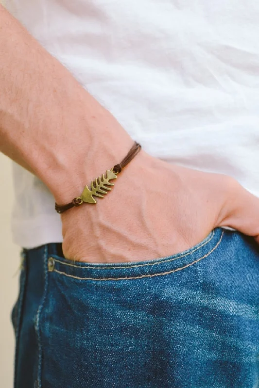 Custom Beaded Bracelet for Women-Bronze fish bones charm bracelet for men, brown cord, Christmas gift for him