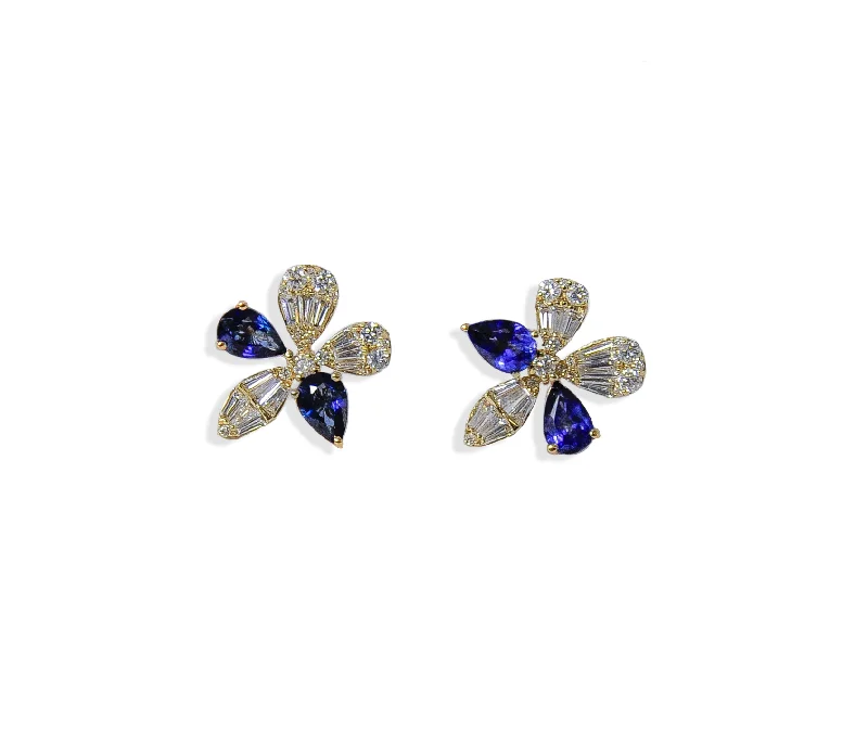 Silver Dangle Earrings-Sapphire and Diamond Floral Studs