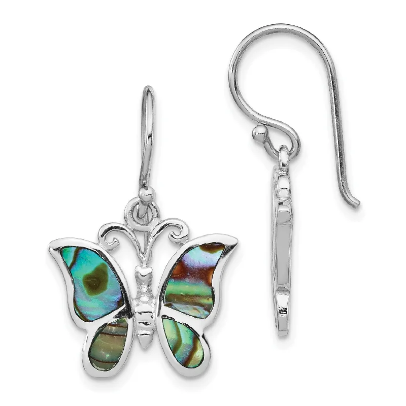 High-End Wedding Earrings-Sterling Silver 25X16MM Drop & Dangle Butterfly Abalone Earrings