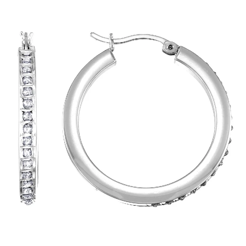 Charming Earrings for Women-Diamond Fascination 14KT White Gold 15MM Diamond Accent Hoop Earrings