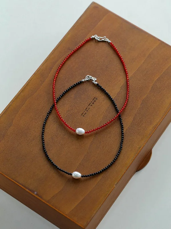 Luxury Beaded Necklace-Single Pearl Red Agate Black Agate Beaded Necklace