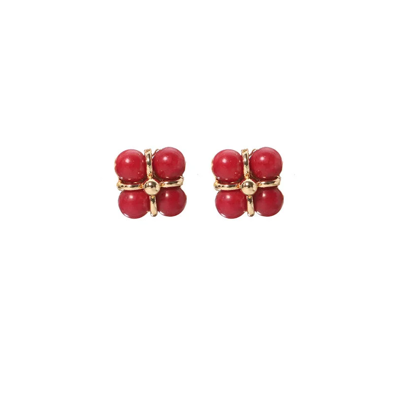 Big Red Coral Small Flower Ear Studs