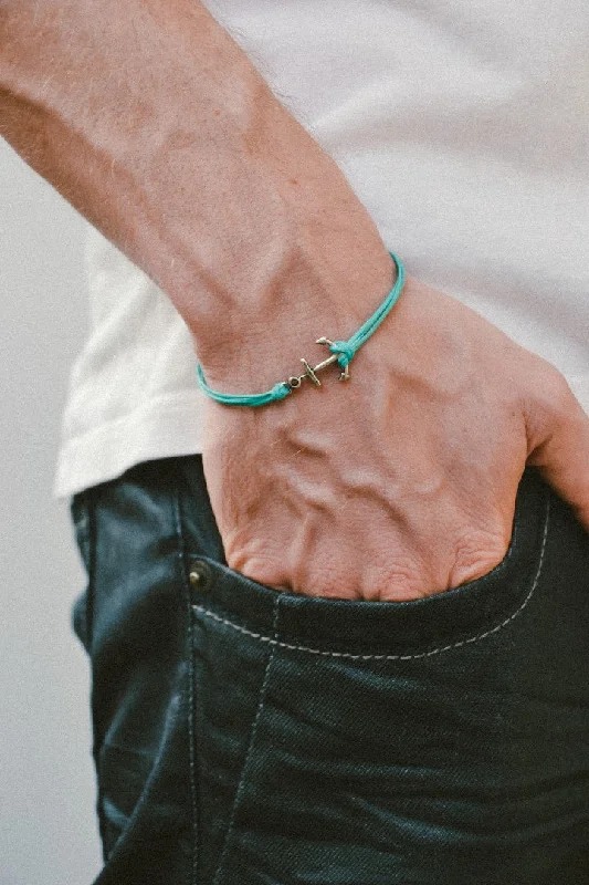 Gold Bracelet with Diamonds-Silver anchor bracelet for men, turquoise cords