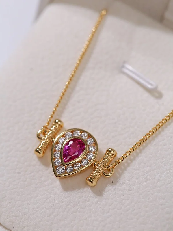 Pendant Necklace with Birthstone-925 Silver Ruby Teardrop Necklace