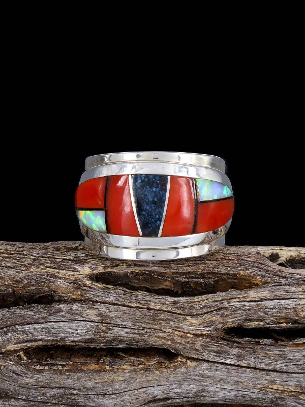 Wedding Ring for Bride-Estate Coral and Turquoise Inlay Ring Size 8