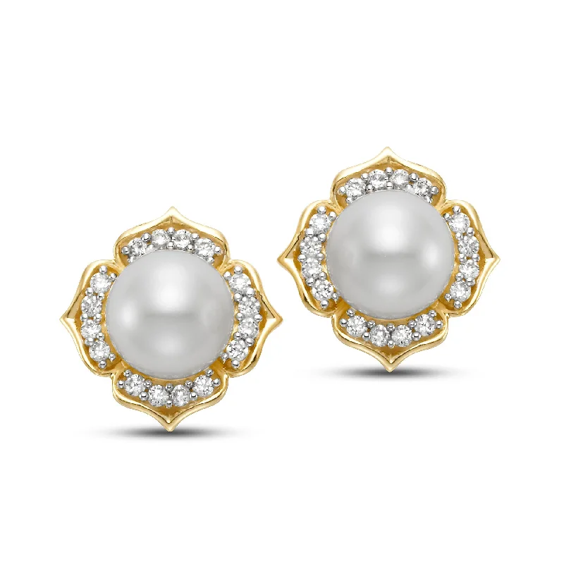 Pearl Hoop Earrings-White Pearl & Diamond Blossom Earrings